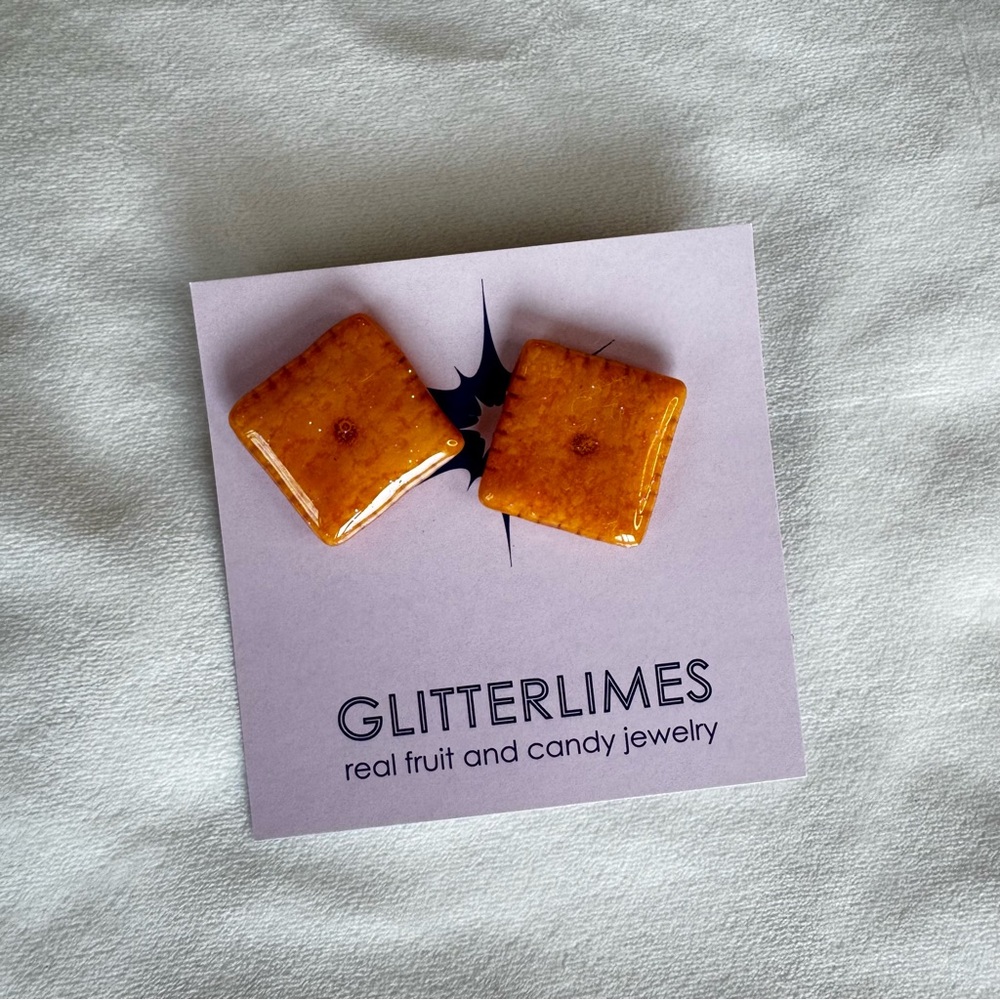 Glitterlimes REAL Cheez-It Square Orange Earrings Snack-Core - Picture 3 of 5